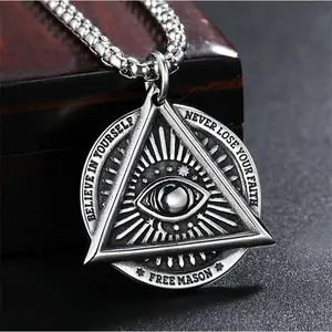 MENDEL Mens Illuminati Masonic All Seeing Eye Pendant Necklace Stainless Steel