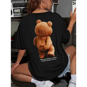 Fashionable Ladies Oversized Teddy Bear Print T-Shirt - Super Soft & Comfortable Crew Neck, Short Sleeve for Spring & Summer - Trendy Casual Wear