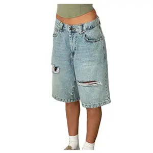 Women Y2K Baggy Denim Shorts Loose Mid Rise Cargo Long Jean Shorts Summer Wide Leg Distressed Carpenter Jorts