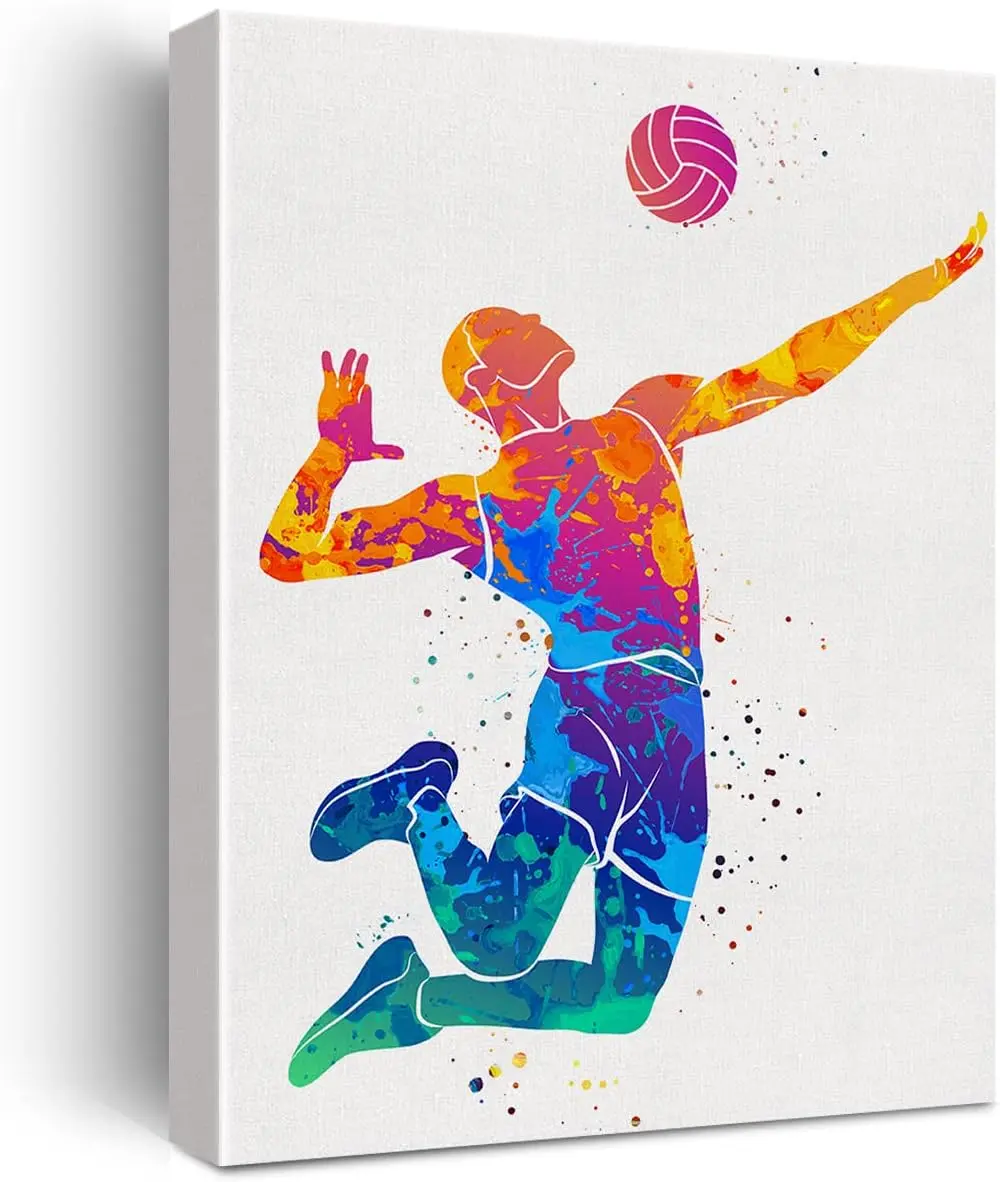 Volleyball Player Watercolor Wall Volleyball Man Canvas Painting Prints for Home Office Wall Decor Framed Artwork Sports Gifts Decoration Ornaments Artistic Poster