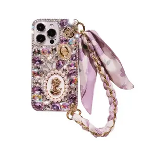 Apple 17/16 Pro Max Phone Case Rhinestone Queen Compatible with iPhone 15 Crown 14 Creative Scarf Wrist Strap for Stylish Protection