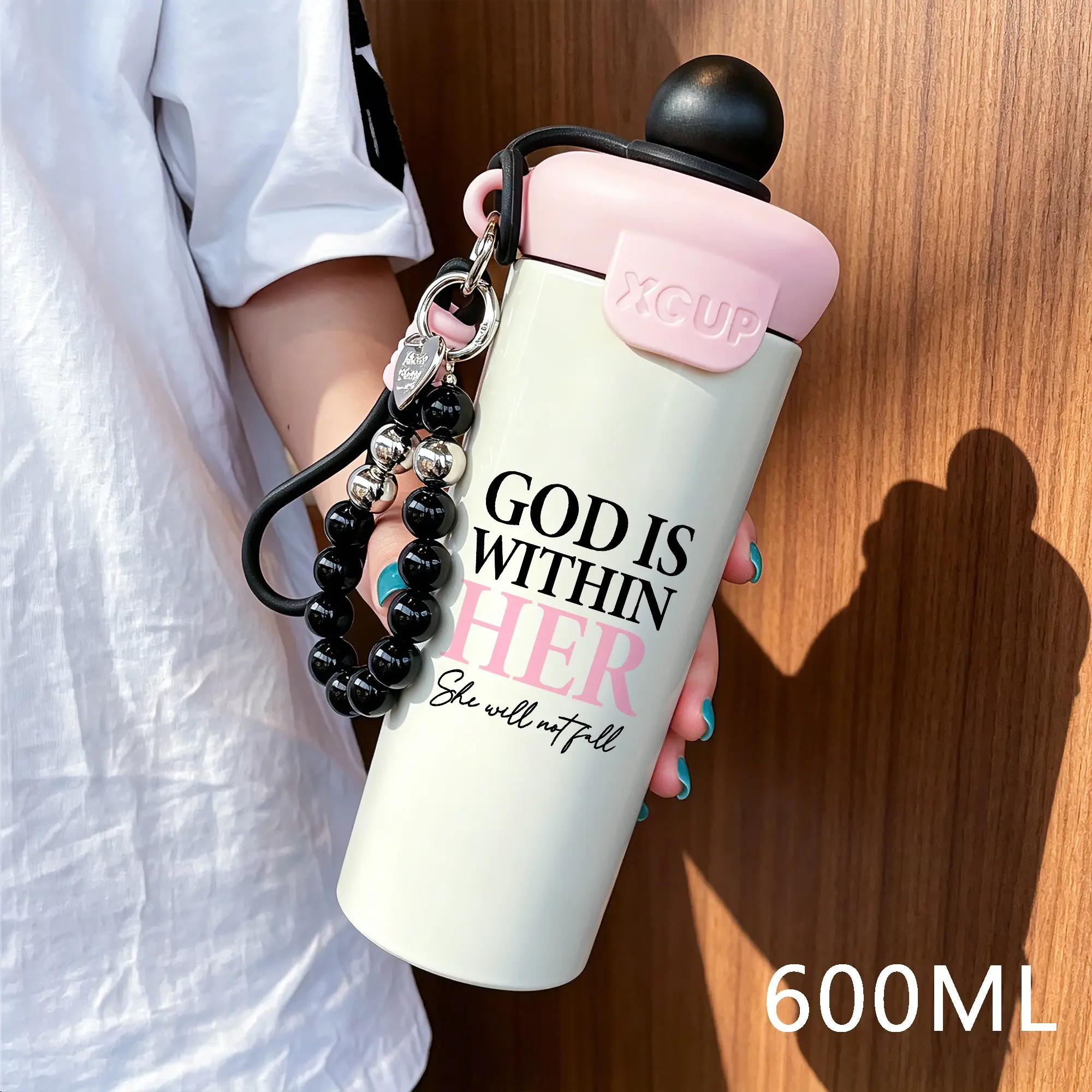 600ML Insulated Cup with Beaded Bracelet, Stainless Steel Travel Mug with Straw, Leak-Proof Coffee Cup, Fashion Gift for Women, Insulated Tumbler Cup