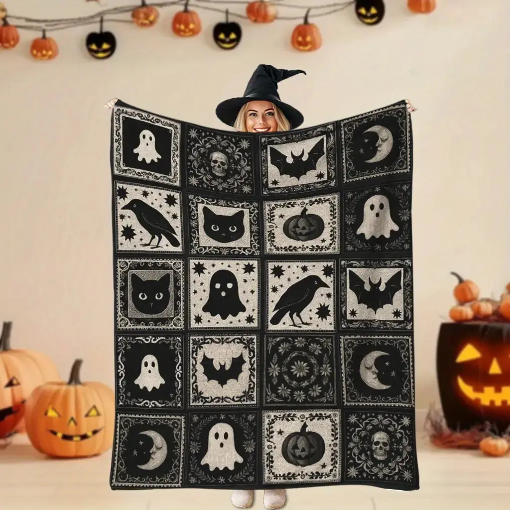 1Pc Flannel Weave Halloween Throw Blanket - Soft Patchwork with Ghost, Bat, Pumpkin, Witch Hat Prints, Multicolor Border, Whimsical Home Decor, Cozy Covers for Home Room House Decor, All-Season Bed Couch Cover