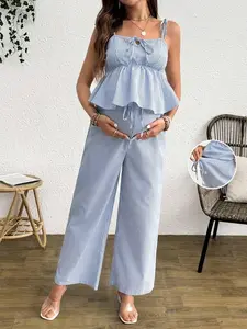 XWUON 2pcs Casual Stripe Off-Shoulder Tie-Up Crop Top & High Waist Loose Stripe Pants Maternity Set