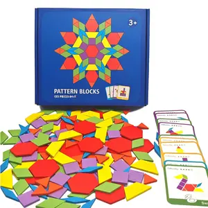 Wooden Pattern Jigsaws Toy, 155pcs/set Colorful Geometric Shape Puzzle Board Game with 24 Cards, Educational Puzzle Toy for Party & Home