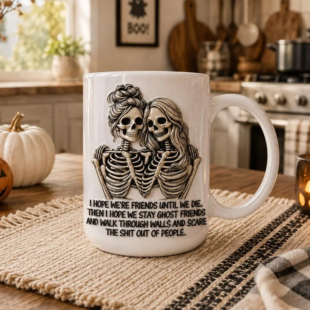 3D Embossed Mug Both Sides For BFF, Best Friend Skeleton Mug, Halloween Gift, Ghost Friends Gift 3D Mug