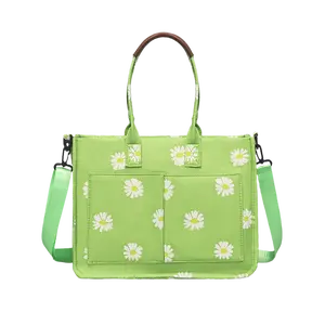 Daisy Print Multi-Pocket Bag Large Capacity Shoulder Bag for Women Trendy Tote Handbag Cute Crossbody Bag Fashionable Zipper Shopper Bag Casual Travel Work Everyday Medium City Carryall