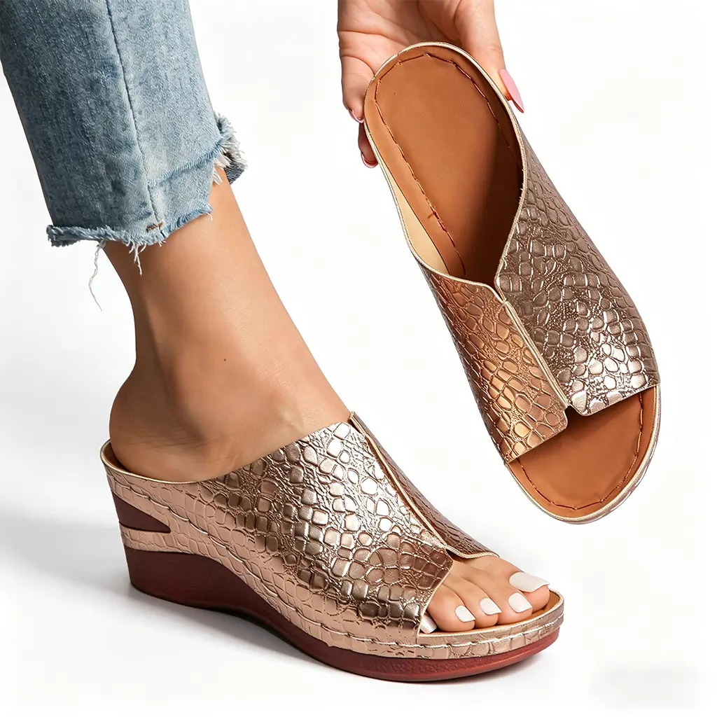 Women's Leather Metallic Animal Print Wedge Sandals - Open-Toe Slip-On Flatform Mules with Arch Support, Elegant Fashionable Non-Slip Summer Footwear