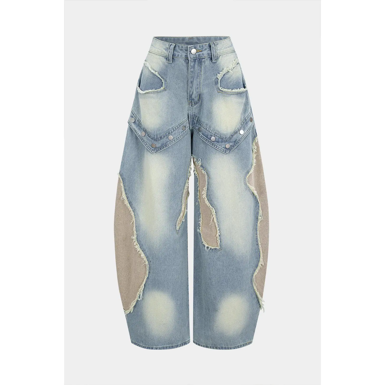 Denim Patchwork Frayed Rivets Barrel Leg Jeans