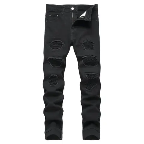 JUNBAOSS Men's Slim Fit Stretch Jeans Patch Ripped Jeans for Men, Distressed Straight Leg Casual Fashion Comfort Flex Skinny Waist Denim Pants, Menswear Classic Street Style Cotton Fabric Jean Natural Hipster Personalized Stylish Trouser backtoschool