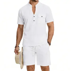 Men’s European Style Linen Casual Stand Collar Short Sleeve Shirt and Cargo Shorts Set, Lightweight Breathable Summer Outfit, Loose Fit Drawstring Two Piece Set for Beach Vacation Travel Resort Streetwear Comfortable Stylish Loungewear