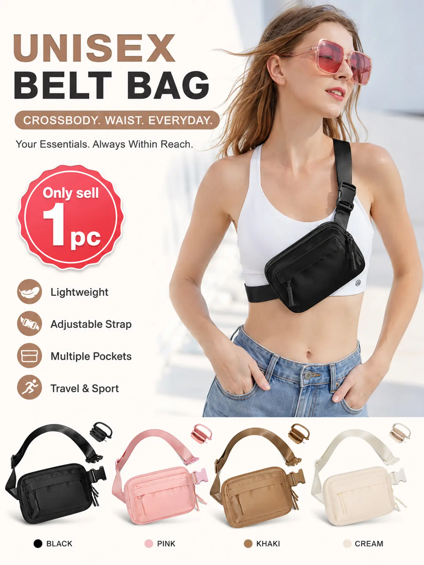 Belt Bag with 3 Zipper Pockets for Women and Men, Water-Resistant Small Belt Bag, Fanny Pack with Adjustable Long Strap, Trendy Lightweight Nylon Crossbody Chest Bag, for Running, Hiking, Travel and Workout, Yoga and Shopping