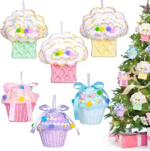 6 Pcs Pastel Cupcake Candy Land Christmas Ornaments Set, 3''-4'' Assorted Cute Macaron Color Cake Dessert Hanging Pendant Decorations for Xmas Tree, Kids Birthday Party, Home Holiday Decor Supplies