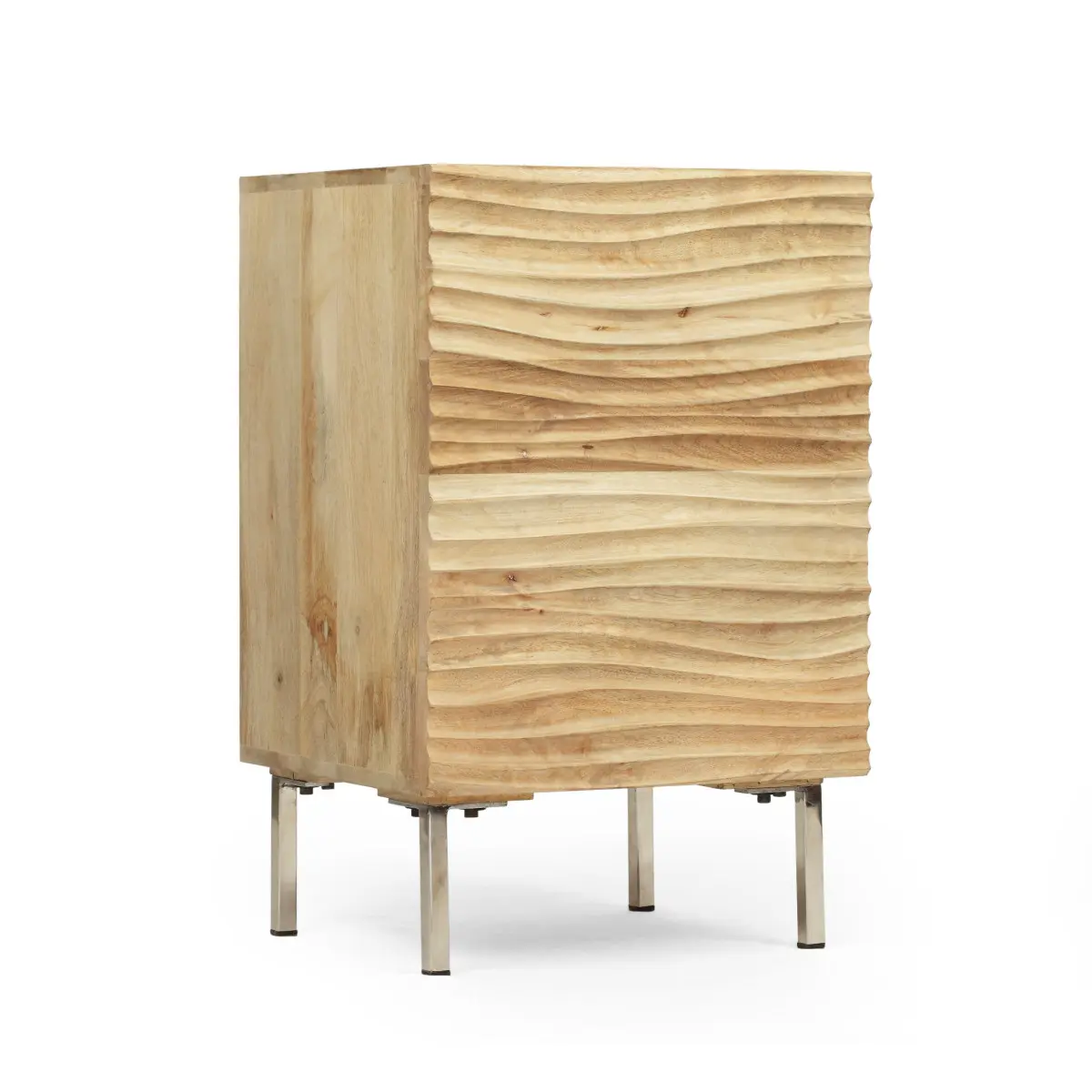 Modern Mango Wood Nightstand with Cabinet Shelf, Brown Wave Door Bedside Table, 18 x 16 x 28 Inch Iron Leg End Table, Handcrafted Storage Side Table for Bedroom Living Room