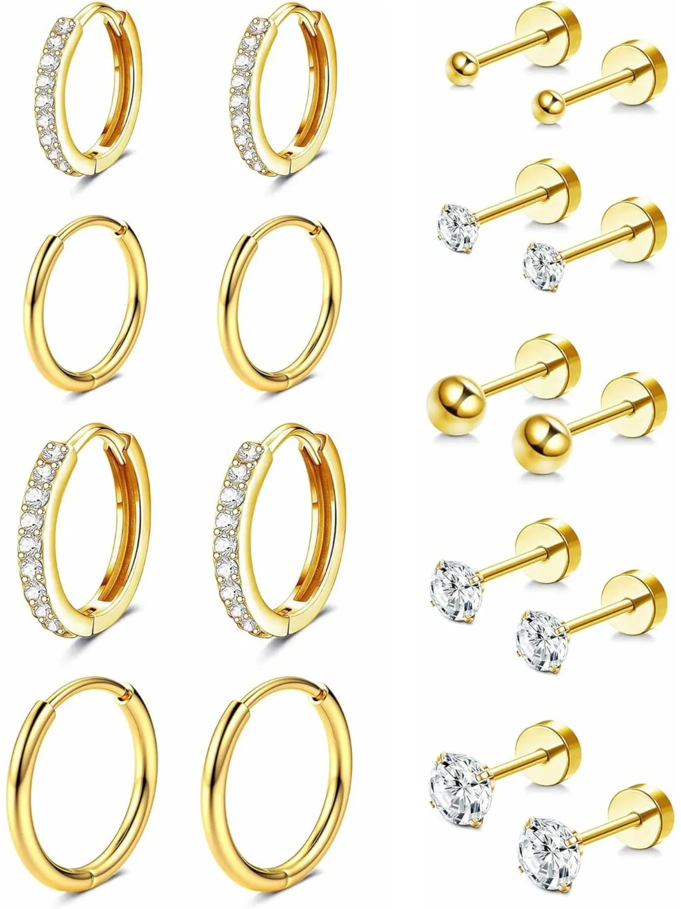 14K Gold Hypoallergenic Huggie Hoop Earrings for Women, Small Flat-Back Studs for Multiple Piercings, Lobe Helix Cartilage Earring Set, Tiny CZ Ball Gold/Silver Stacking Stud Jewelry