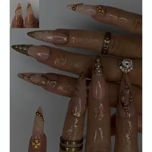 Luxury Nude Chrome Press On Nails | Gold Pearl 3D Nail Art | Elegant Handmade Stiletto Nails