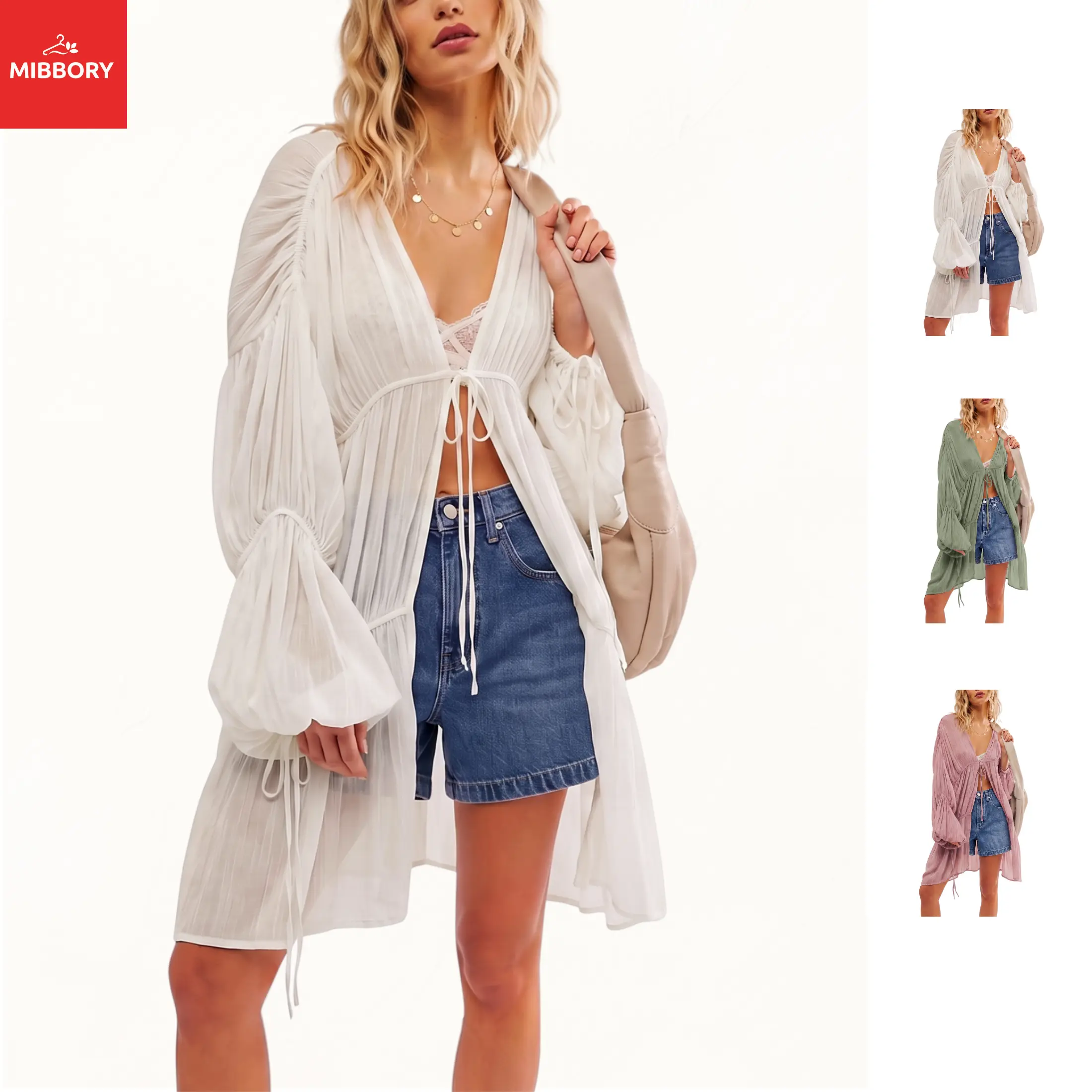 Mibbory Women's One Size Oversized Bohemian Linen Blend Cardigan - Lightweight, Flowy, Tie-Front Duster Shrug Outerwear, Machine Washable Summer Vacation Beach Coverup