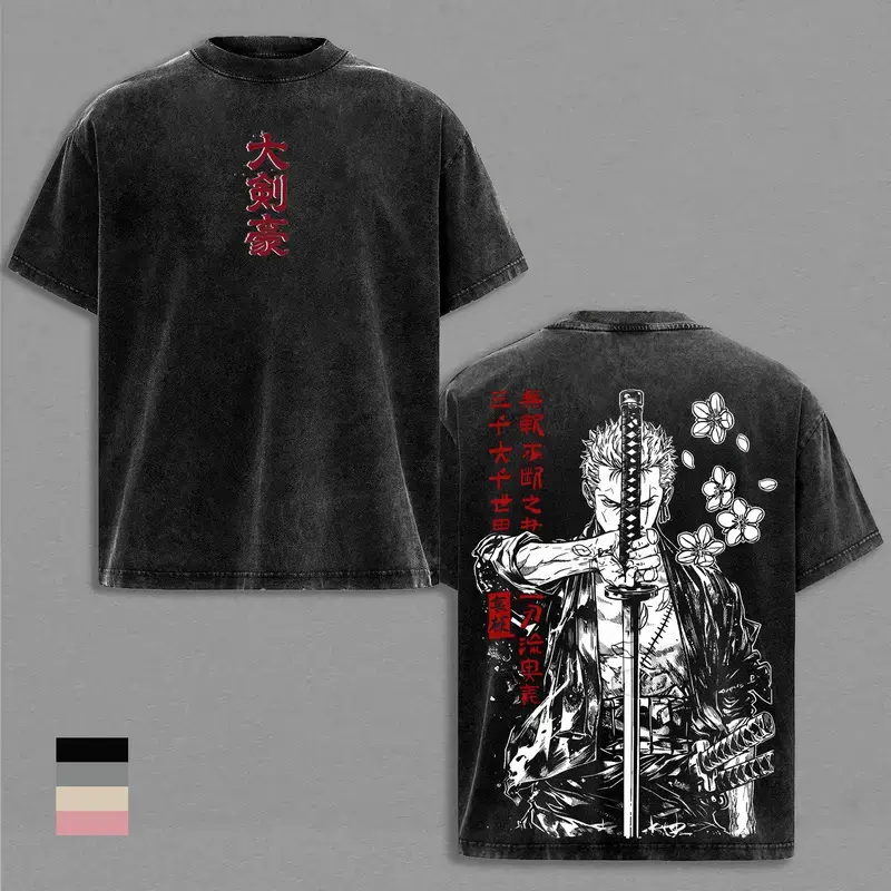 Zoro Tee Washed - Vintage OnePie's Anime Shirt Roronoa Zoro Graphic Tee Vintage Washed T Shirt Unisex Streetwear Santoryu Anime Tee Three Sword Style Shirt Anime Clothing Gift for Anime Lovers Fans Apparel
