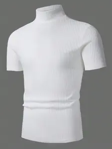 Men's Ribbed Stand Collar Short Sleeve Plain Casual Slim Fitting Minimalist T-Shirt, Menswear, Outdoor Wear, Summer Mock Neck Top, Fall Suitable, Casual Comfy Streetwear