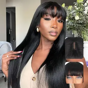 Yaki Straight Synthetic Hair Wig with Bangs 1X2.5 Lace Wig for Women Ready to Go Glueless 180 Density 22Inch Long