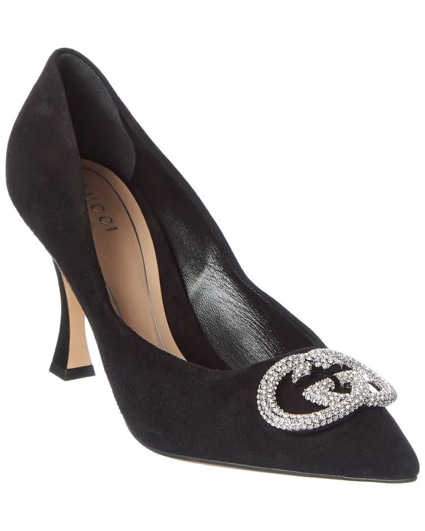 Gucci G Interlocking Suede & Crystal Pump