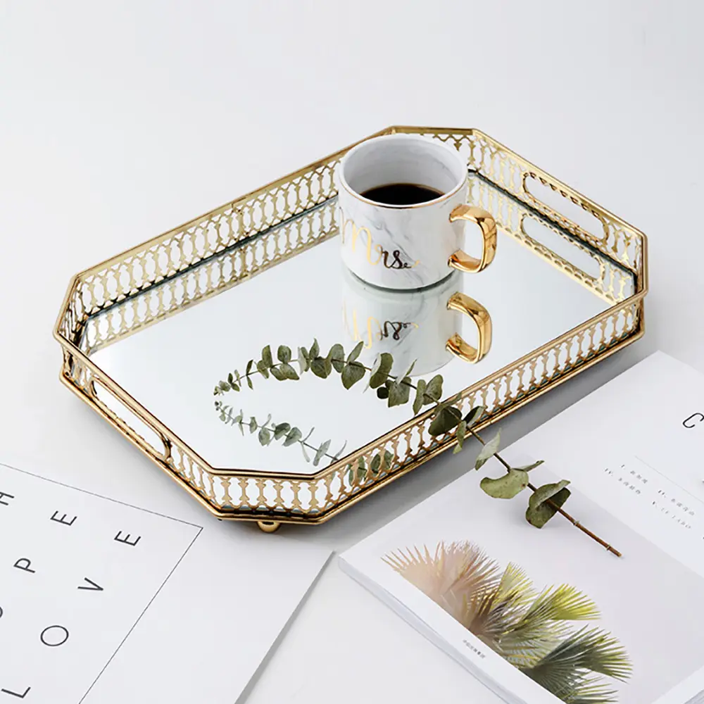 Gold Plated Rectangular Serving Tray with Handles - Kitchen Dining Table & Coffee Table Tray for Drinks, Fruit, Vanity Use, Home Decoration, Coffee Tables