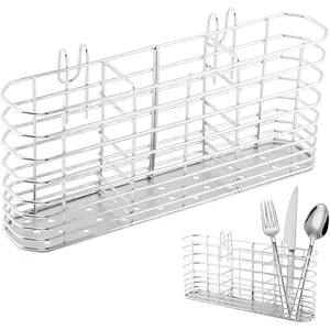 No Drilling 304 Stainless Steel Utensil Drying Rack, 3 Divided Compartments Kitchen Utensil Organizer Holder Drainage Basket (Color: Silver)