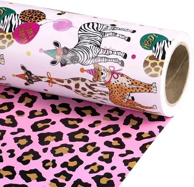 RUSPEPA Safari Animal Birthday Wrapping Paper, Reversible Pink Leopard Print Gift Wrap Roll for Girls Birthday Party, Baby Shower & Celebration Gifts,17 Inches x 16.4 Feet