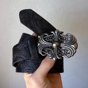 Black Western chrome iron cross embossed leather belt with silver buckle