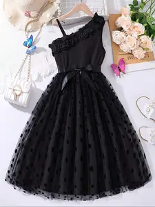 Sweet Girls Frill Trim Bow Cami Tutu Dress Princess Mesh Dress Summer Clothes Gift Ruffle Trim Dress
