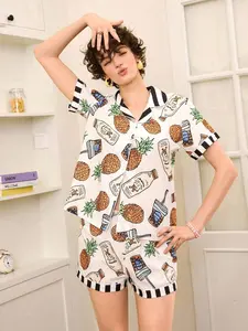 Cute Women’s Pineapple Beverage Print Pajama Set, Short Sleeve Lapel Collar Button-Up Top & Comfy Shorts O39E