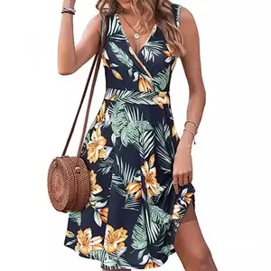 Sleeveless Printed V-neck Pocket Party Dress