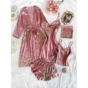 Women's Satin Pyjama, Long Sleeve Belted Robe & Cowl Neck Cami Dress & Backless Cami Top & Shorts & Storage Bag Set, Casual Floral Pajama Sets, Glam Lounge Wear, Matching Pj Set, Womenswear, Loungewear