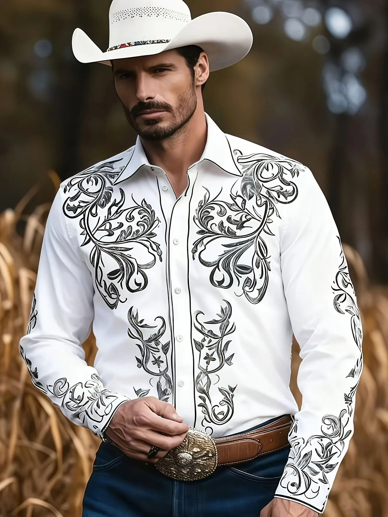 Men's Western Cowboy Style Shirt, Menswear, Casual Fitted Shirt, Long Sleeve Casual Printed Button-Down Top, All over Print Design, Spring & Fall Fashion Wear