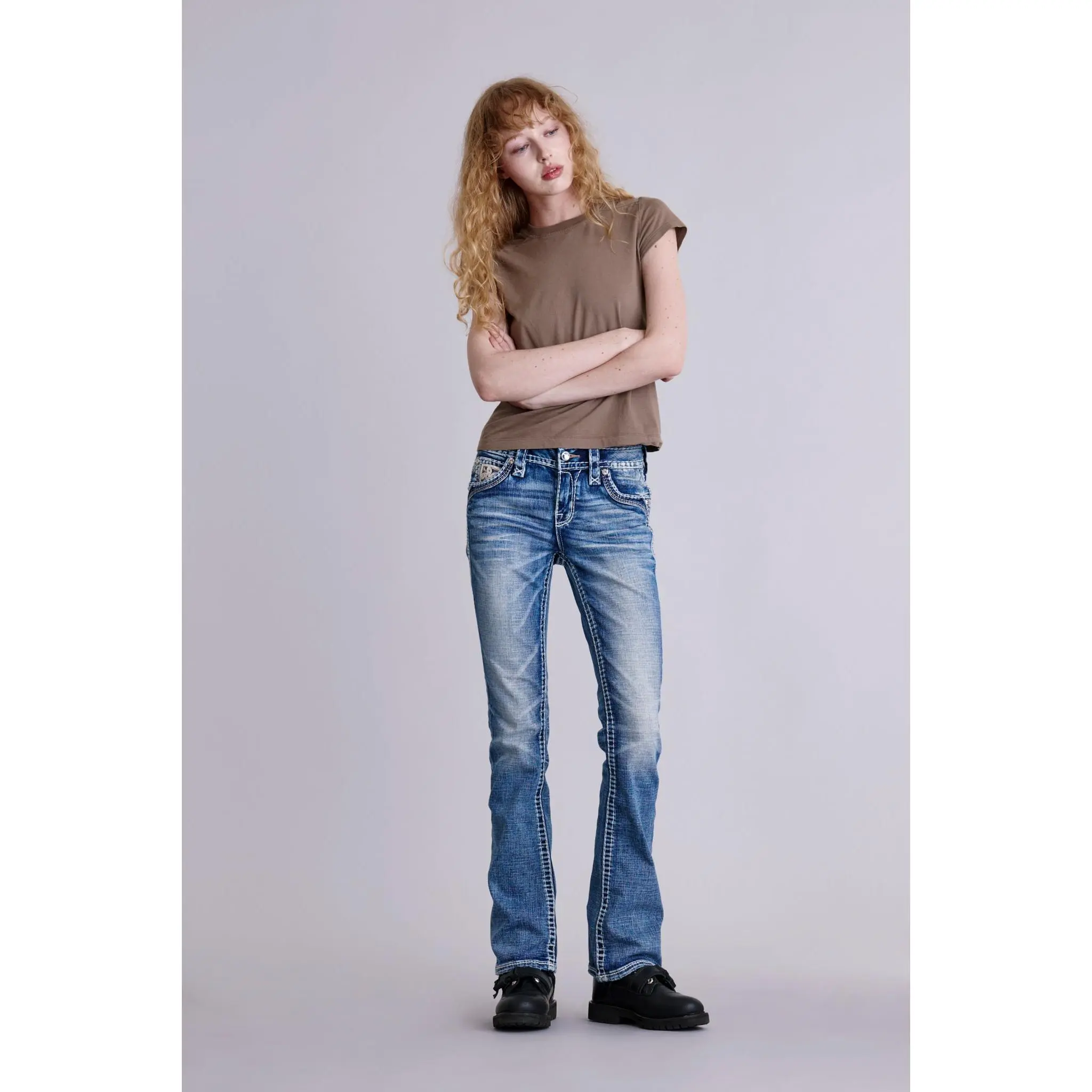 rr Maaria Women's Mid Rise Bootcut Jeans - Flared Stretch Denim with Signature Fleur-de-Lis and Leather Accents, Women's Clothes