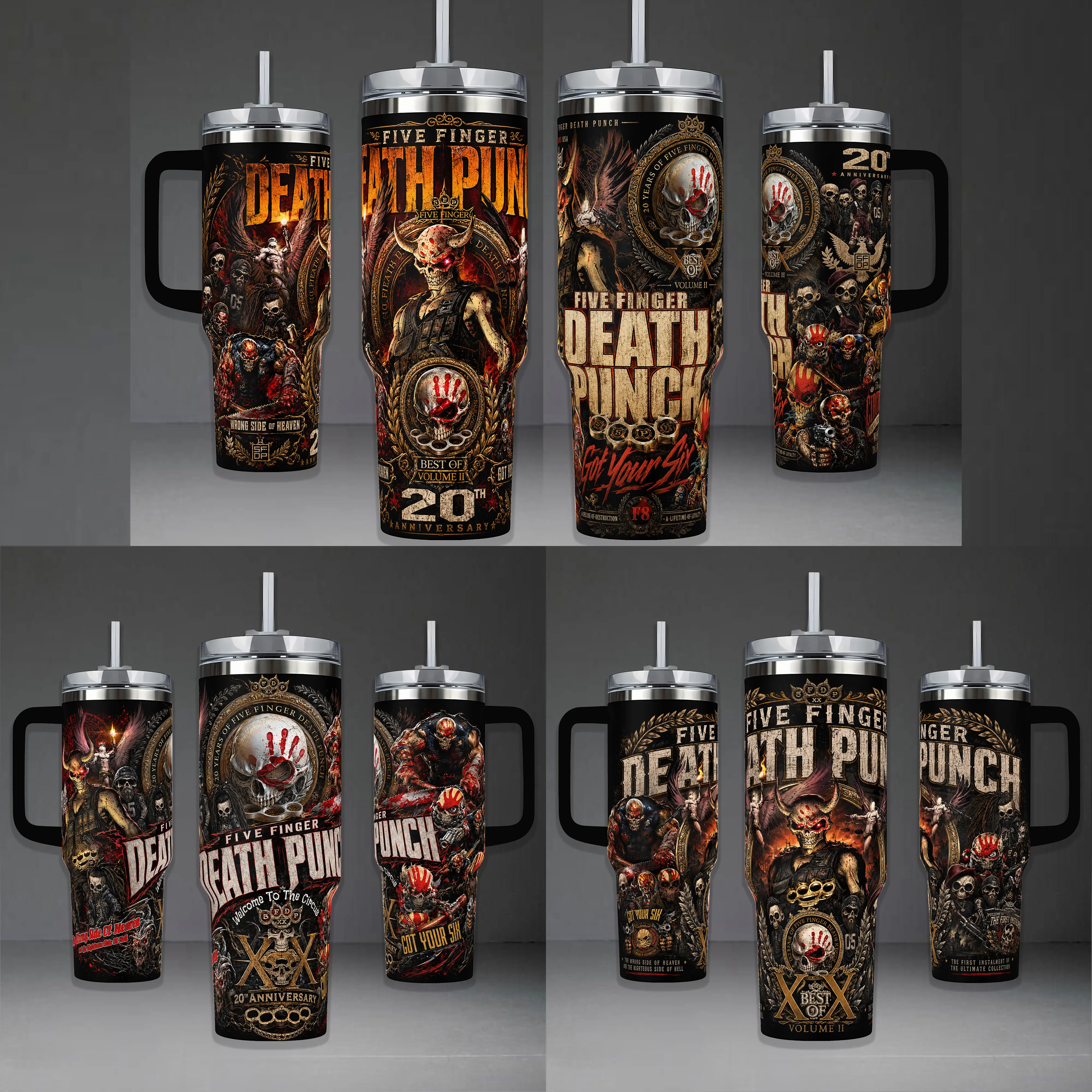 Five Finger Death Punch Tumbler, 20th Anniversary Best Of Volume II 40oz Cup with Handle, Heavy Metal Rock 20oz Stainless Steel Travel Mug, FFDP Music Fan Gift, Five Finger Death Punch Inspired Insulated Tumbler Featuring Epic Knuckle Skull Design.
