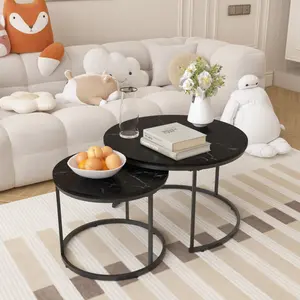 Nesting Coffee Table Set of 2, 27.6inch Round Coffee Table Wood Marble Pattern Top with Sturdy Metal Frame, End Table Side Tables for Living Room Bedroom Balcony Yard