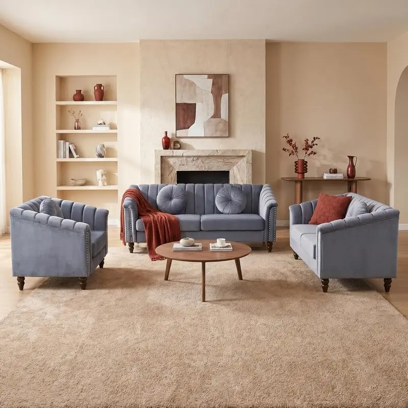 6-Seater Chesterfield Sectional Sofa Set - Contemporary Velvet & Wood Upholstered Loveseat, Clean Design Couch for Living Room, Office
