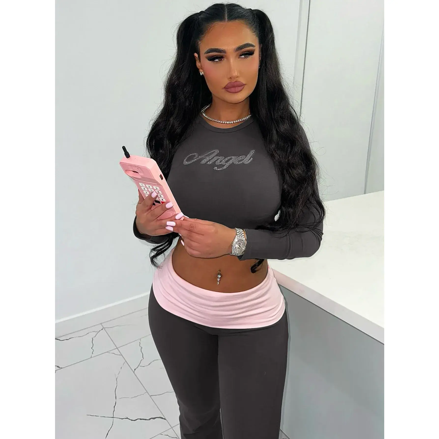 Women’S Sexy Casual 2 Piece Pants Set Long Sleeve Letter Print Bodycon Crop Top and Flare Pants Matching Set Streetwear dulzura