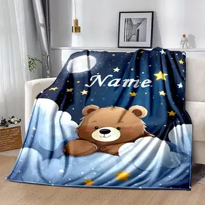 Personalized Bear Throw Blanket with Custom Name - Polyester Lightweight All-Season Chunky Knit Blanket for Travel, Sofa, Outdoor - Machine Washable Customizable Gift for All Occasions