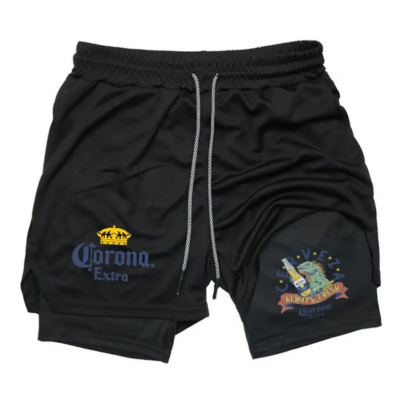 Corona Extra Men's 2-in-1 Drawstring Waist Print Casual Sporty Sports Shorts - Regular Fit, Soft Fabric, Zipper Pockets, Sweat-Absorbent, for Summer Daily Wear, Outdoor Fun, Casual Sports Shorts