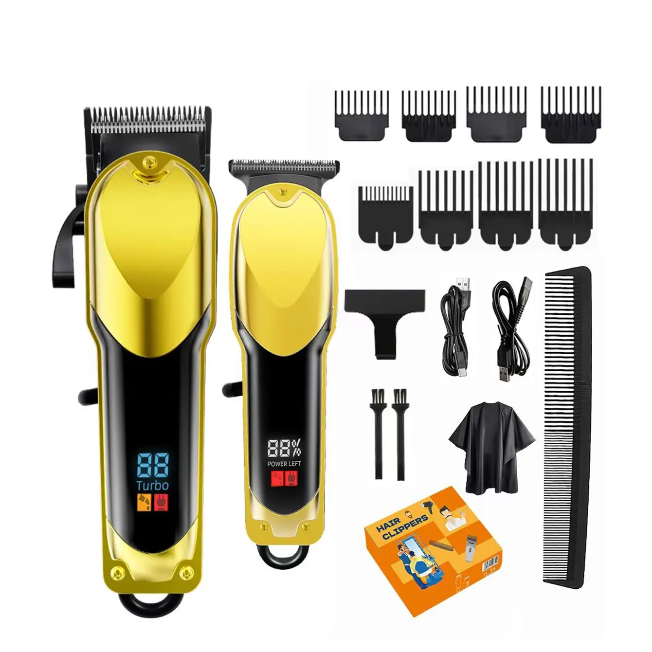 KIKIDO Gold Hair Clipper Trimmer Set for Men - Cordless Rechargeable Turbo Motor LED Digital Display, 8 Combs Professional Barber Grooming Kit