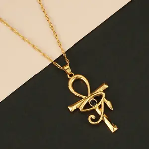 18K Gold Ankh Necklace with Evil Eye Pendant - Symbol of Protection