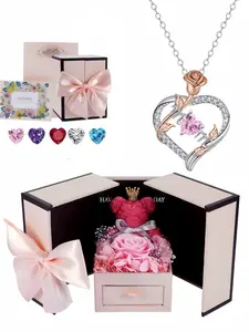 MOM Rose Glow, Color Charm Two-tone rose gold necklace, Trendy charms necklace, minimalist, light luxury and versatile clavicle chain, paired with a preserved rose & teddy bear jewelry gift box, perfect mysterious gift for birthdays, Valentine's Day