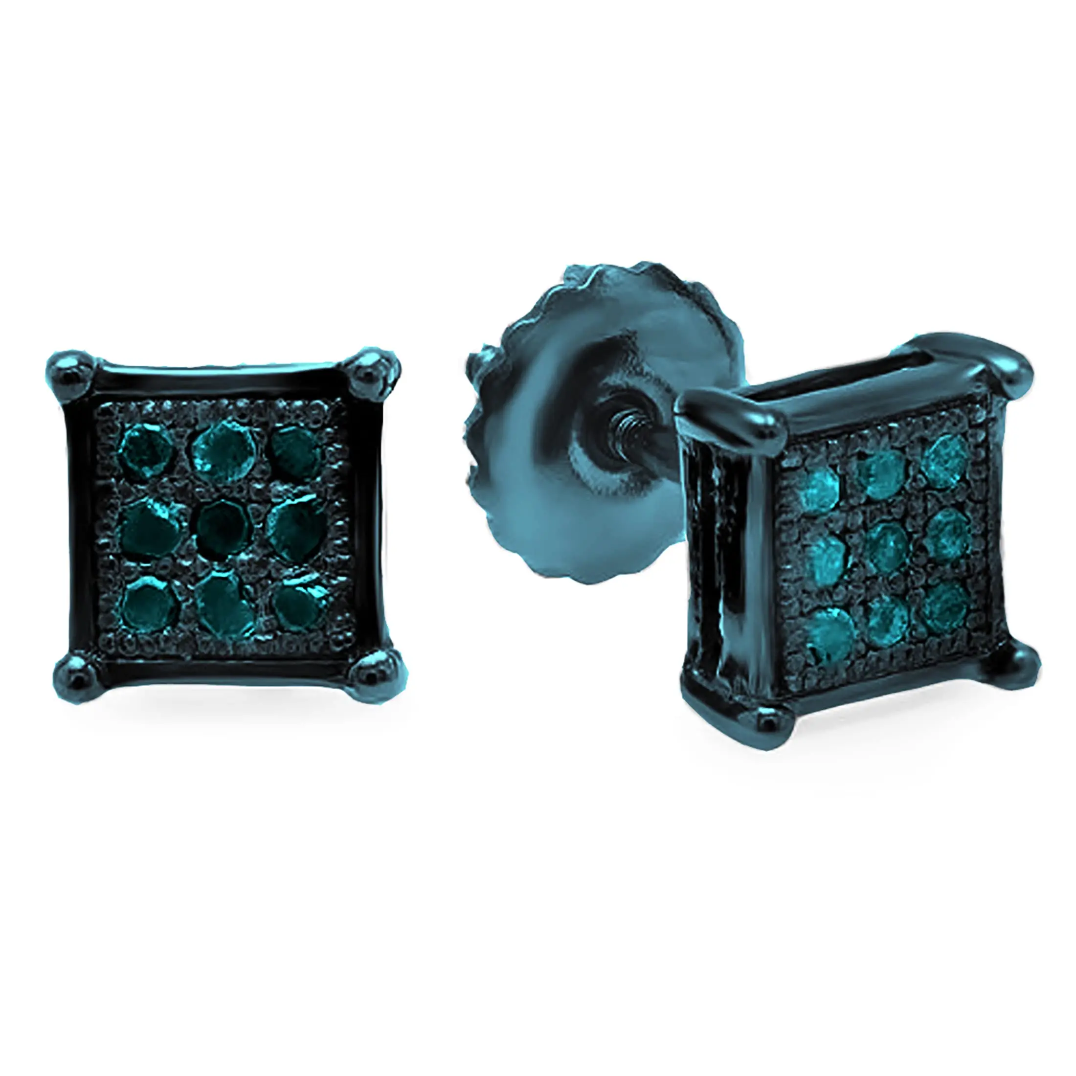 Dazzlingrock Collection 0.05ctw Natural Round Blue Diamond Square Hip Hop Iced Diamond Earrings Studs for Men, 925 Sterling Silver Screw Back Sparkling Ear Jewelry Brilliant Stud Earrings