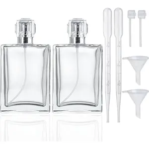 Glass Perfume Bottles Empty, Refillable Spray Atomizer 2 Pack 100ml/3.4oz, Square Clear Glass, Fine Mist Spray, Cologne Bottle