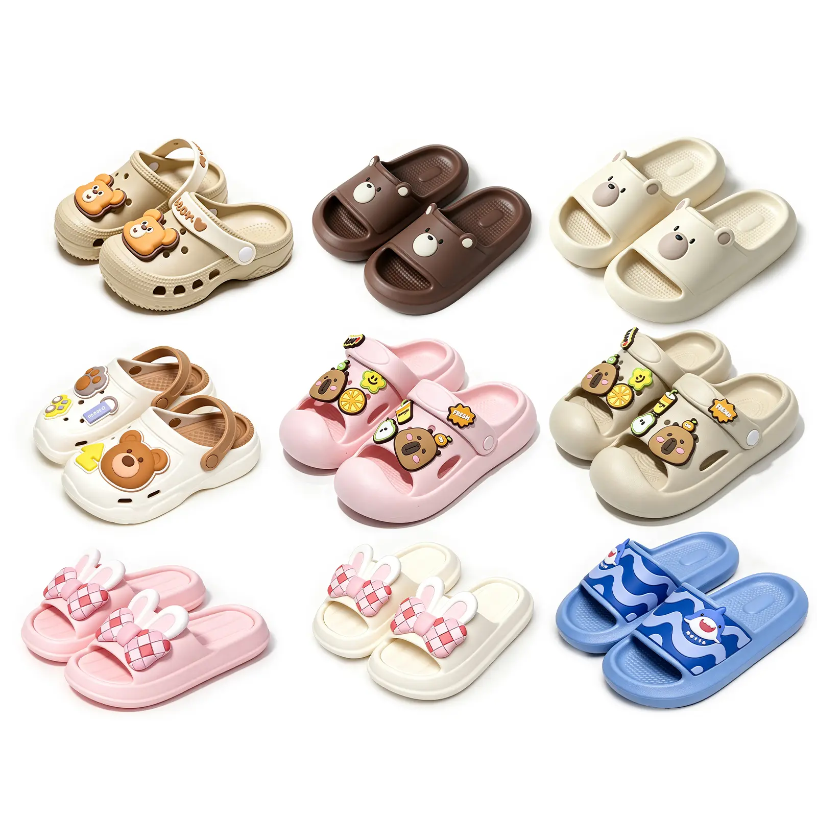 9 Pairs Multi-Styles Kids Cartoon Cloud Clogs Slides, Cute Capybara Bear Bunny Shark Decor EVA Slippers, Non-Slip Quick Dry Waterproof Garden Shower Beach Sandals for Toddler Boys Girls Indoor Outdoor