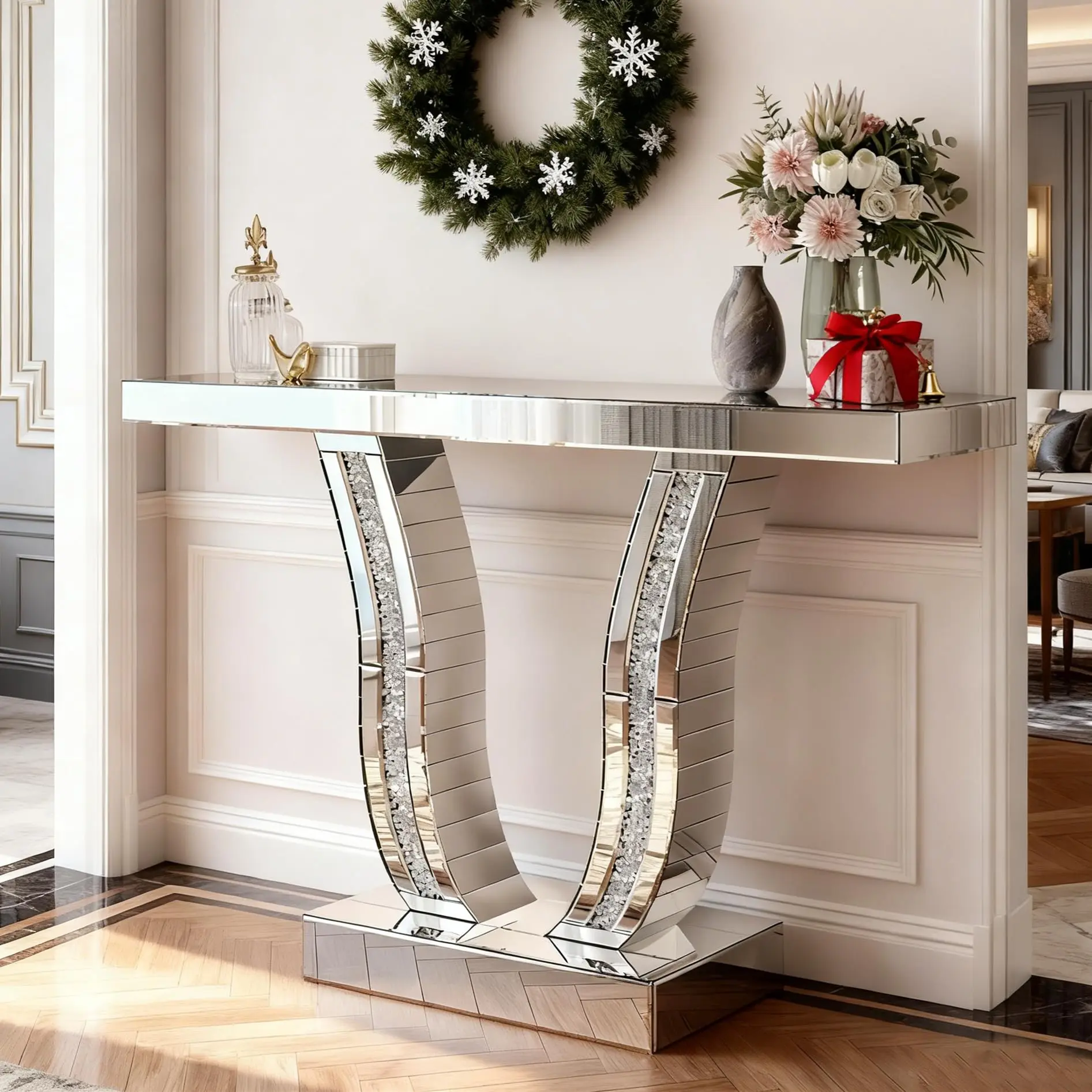 Silver Mirrored Console Table (43.3x11.81x29.33in, 48 lbs) - Rectangle Mirror Glass, Crystal-Inlaid U-Shaped Base, Curved Frame, Indoor Living Room Entryway Accent Table with Screws, Assembly Required, Floor Mount