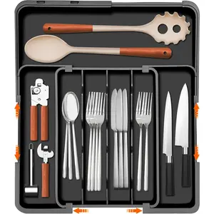 【SUHOPE】【Holiday Deal】Silverware Drawer Organizer, Expandable Kitchen Drawer Organizer 19" X 15.3" Utensil Tray, Flatware and Cutlery Holder for Spoons Forks Knives, Kitchen Organizers and Storage, Black