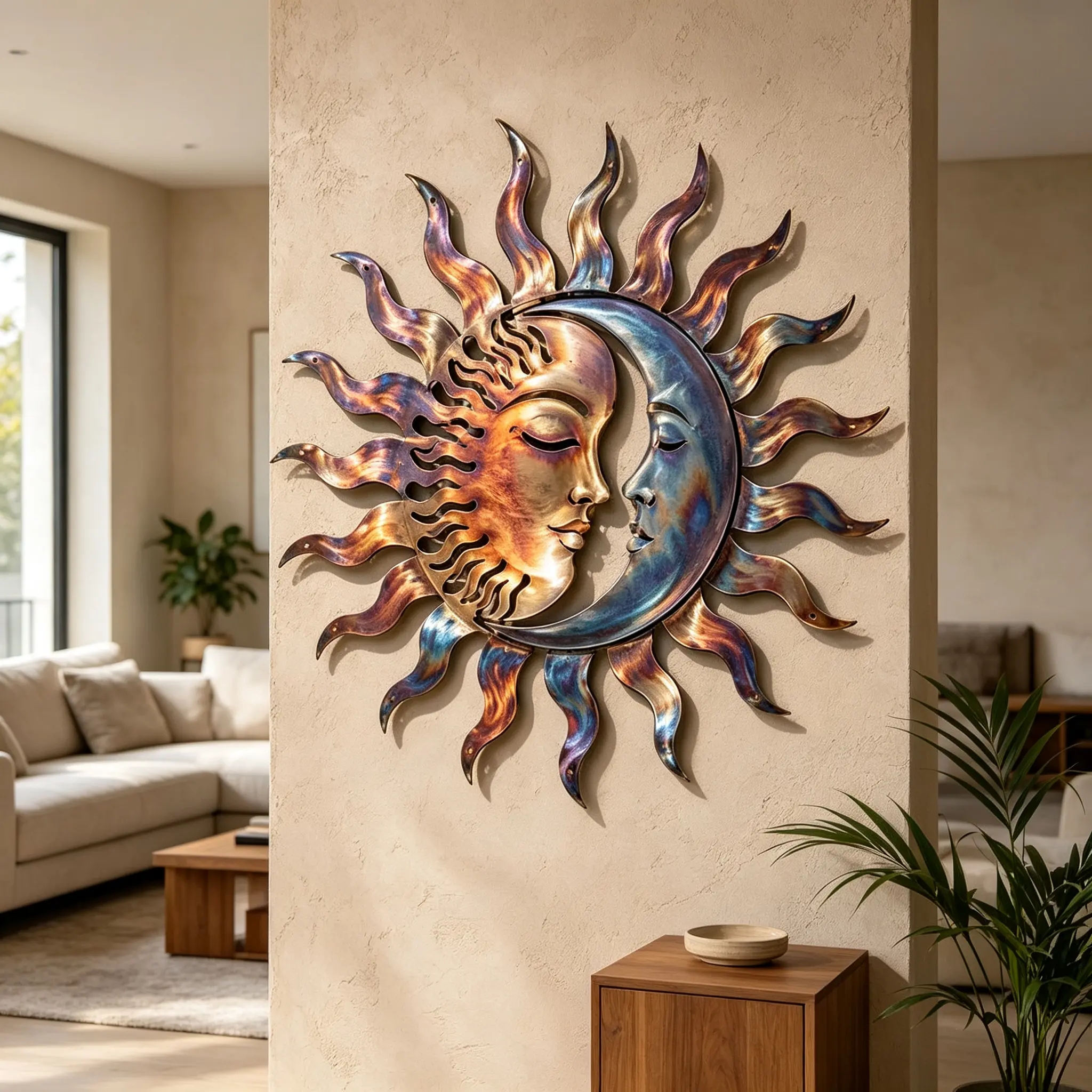 Upgraded thickened sun and moon metal wall art; fire-burnt gradient limited-color celestial face hollow metal wall sculpture; 12-inch sun and moon floral ray wall decor for garden, patio, porch, living room, boho meditation room.  aesthetic wall decor